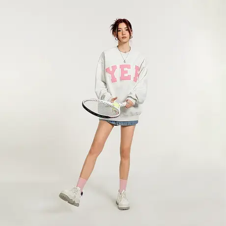 YEP皮标圆领卫衣女oversize宽松原创小众设计感无帽上衣炸街潮牌商品大图