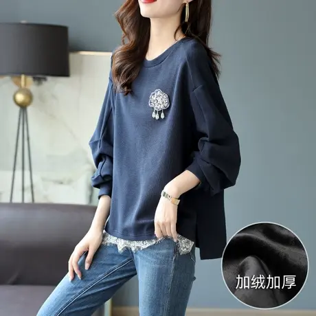 宝诗黎圆领宽松落肩亮片蕾丝拼接加绒卫衣女冬季新款韩版套头上衣图片