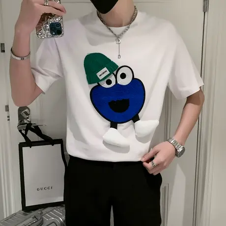 夏季男t恤上衣打底衫短袖半袖修身帽子卡通图案学生潮流休闲体恤商品大图