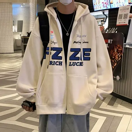 潮流卫衣男连帽开衫春秋季印花宽松运动休闲2024新款美式情侣外套商品大图