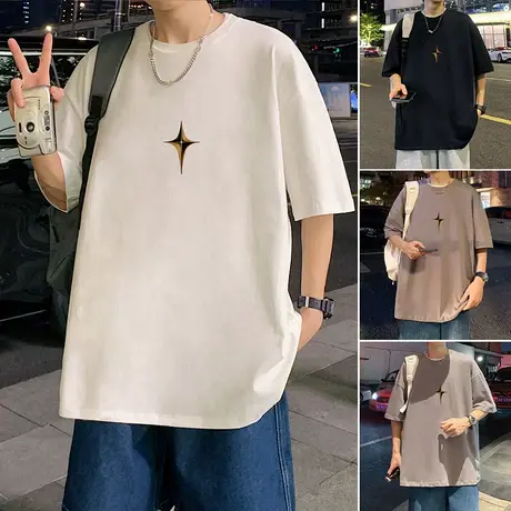 夏季国潮圆领短袖t恤男2024新款潮流ins宽松薄款情侣半袖打底衣服商品大图