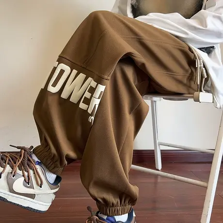 秋冬季新款宽松百搭束脚裤子男ins潮流垂感发泡字母印花休闲长裤商品大图