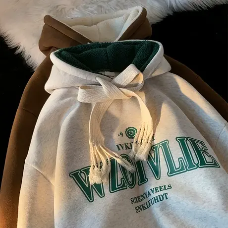 春秋季连帽卫衣男2024新款加绒加厚宽松百搭上衣美式字母印花外套商品大图