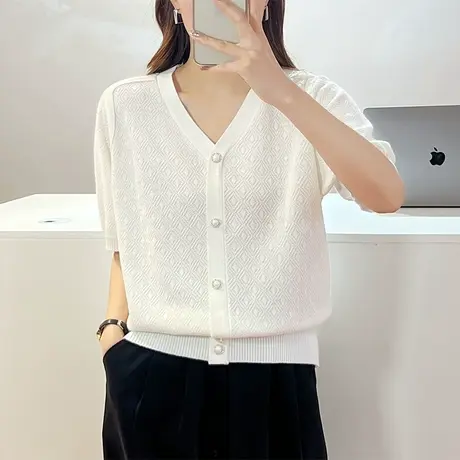 2023夏季新款韩版宽松V领针织衫短袖T恤女士百搭纽扣开衫外套毛衣商品大图