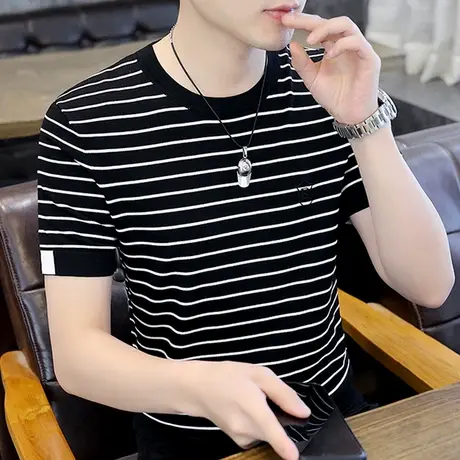 2022新款短袖男装夏季t恤潮流条纹针织百搭打底衫男半袖冰丝体恤商品大图