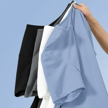 冰丝网眼短袖t恤男夏季薄款纯色圆领上衣服镂空速干冰感运动半袖图片