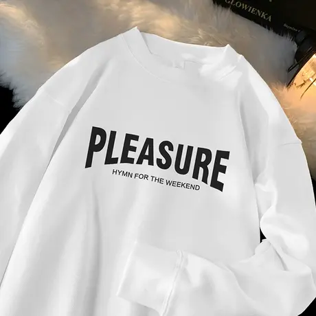 350g重磅卫衣男秋冬款无帽衫潮流字母印花白色上衣服圆领长袖t恤商品大图