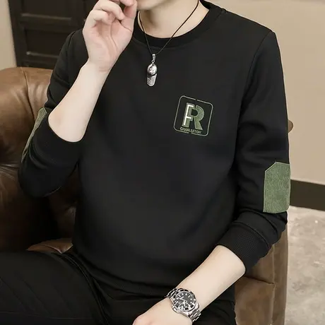 秋季男士卫衣春秋款圆领外穿秋衣潮牌长袖T恤黑色上衣服打底衫男图片