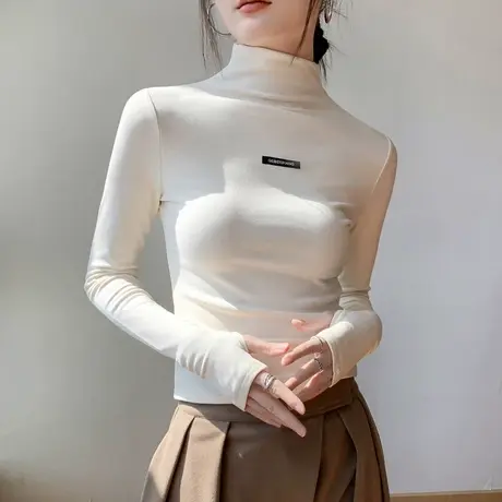 半高领手套袖打底衫女2025秋冬加绒字母修身正肩长袖磨毛T恤上衣图片