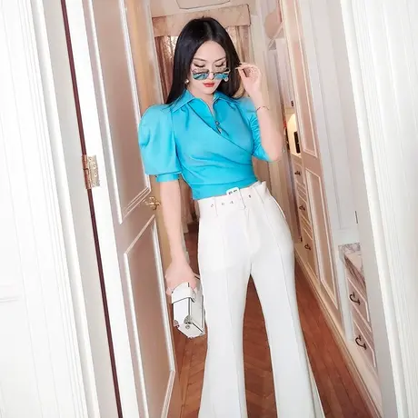 VJE夏季女装法式小众泡泡袖不对称上衣新款气质收腰短款衬衫图片
