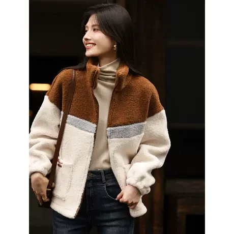 时尚气质百搭休闲皮草外套女士2023年冬季新款撞色减龄羊羔毛上衣商品大图
