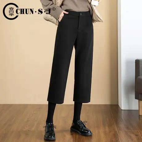 直筒七分裤女秋冬高腰休闲裤子2023新款小个子阔腿裤黑色女裤显瘦商品大图