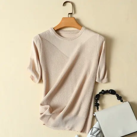 冰丝针织衫短袖t恤女2024春夏新款圆领宽松显瘦薄款打底衫女上衣商品大图