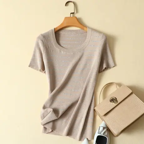 2024新款超火cec夏装冰丝针织衫T恤女短袖圆领套头韩版显瘦上衣潮图片