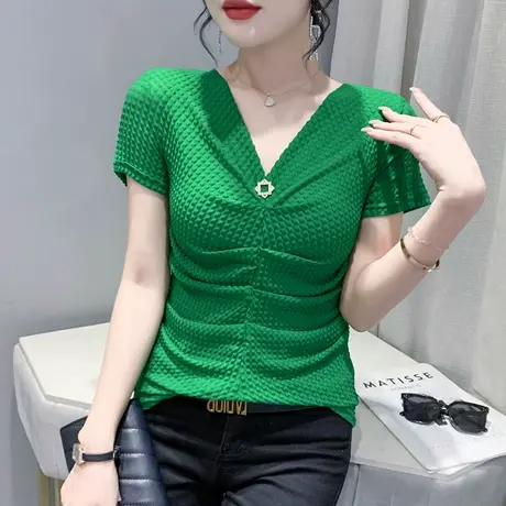 性感V领网纱小衫女2024夏季新款时尚蕾丝上衣洋气设计感t恤短袖潮图片