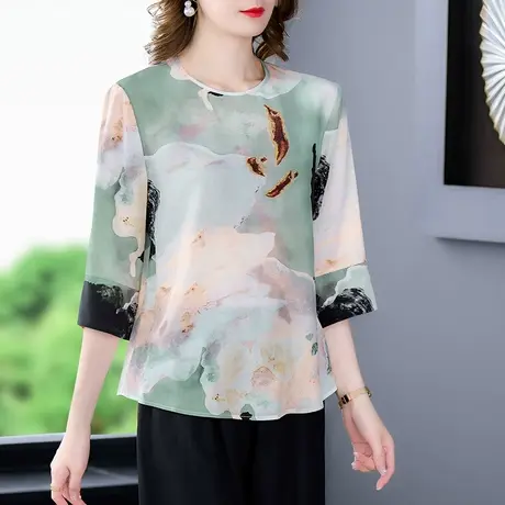 别致时尚妈妈装夏季2023新款真丝T恤气质中老年宽松遮肚子女上衣商品大图