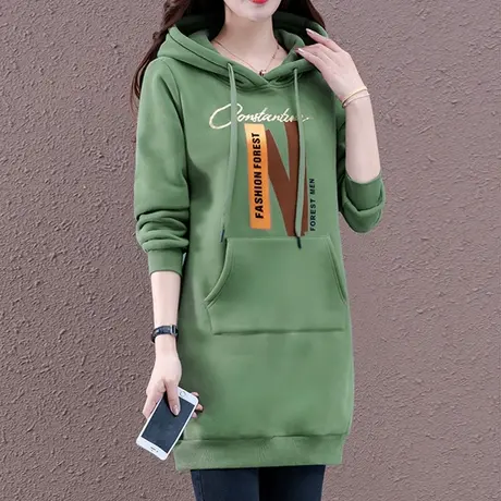 中长款卫衣女士2023新款秋冬宽松韩版连帽外套加厚加绒慵懒风上衣图片