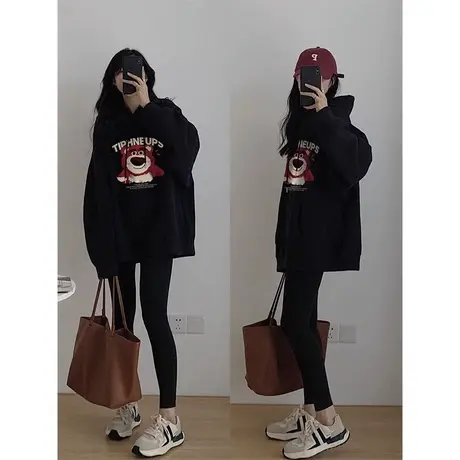 美式卫衣女宽松2023新款爆款印花熊oversize慵懒风中长款连帽上衣商品大图
