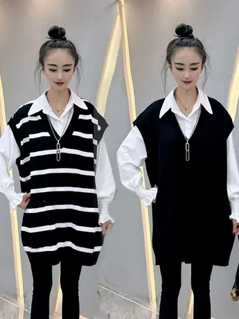 2023春秋季新款欧货V领条纹韩版坎肩针织马甲中长款百搭休闲马夹商品大图