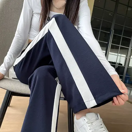 撞色条纹微喇裤女春秋新款高腰修身显瘦松紧腰喇叭休闲运动长裤子图片