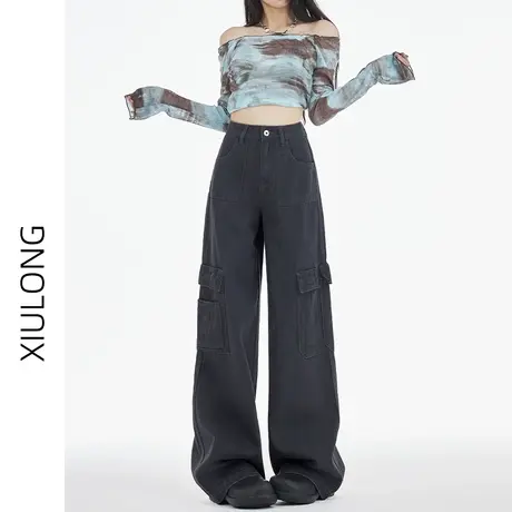 水泥灰高腰牛仔工装裤女春秋季2023新款显瘦直筒宽松休闲阔腿裤子图片