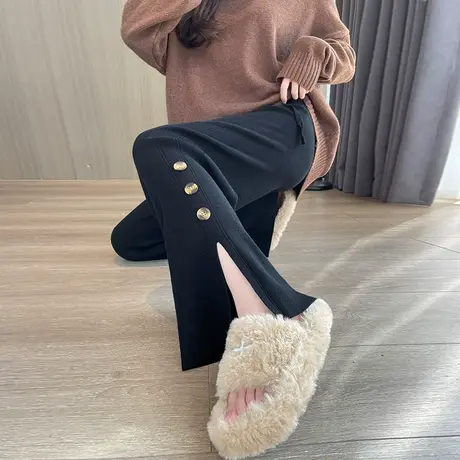 黑色高腰开叉针织休闲裤女秋冬新款高级感显瘦垂感拖地直筒阔腿裤商品大图