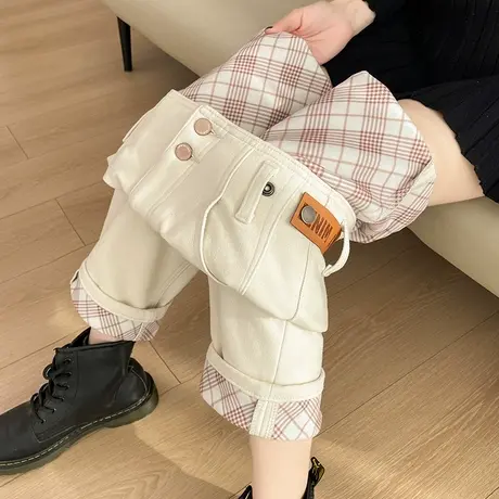 米白色高腰牛仔裤女秋冬2024新款加绒加厚直筒显瘦九分哈伦萝卜裤商品大图