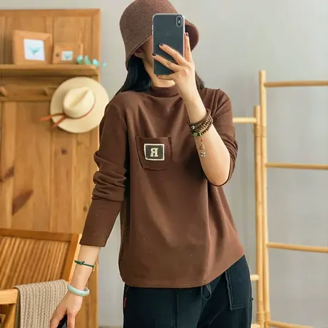 dza 复古宽松纯棉高领T恤女秋冬漂亮长袖打底衫休闲显瘦弹力上衣商品大图