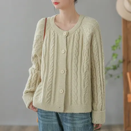 dza 复古粗棉线毛衣外套女2023春秋新款宽松针织开衫休闲长袖上衣图片