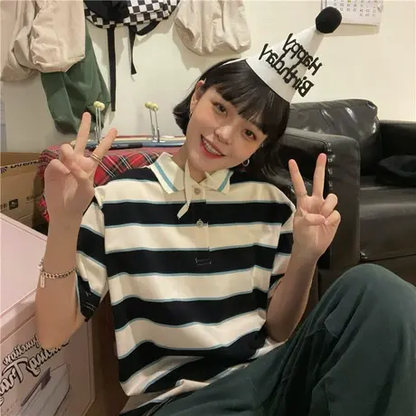 红续2023早春新款韩版撞色条纹POLO衫小众设计感纯棉短袖T恤女ins商品大图