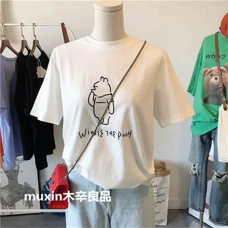 白色短袖t恤女夏季2021新款韩版ins潮小熊卡通宽松百搭洋气上衣服图片