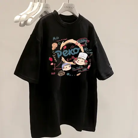 2023早春新款黑色仿棉短袖t恤女装夏季欧货卡通宽松大码上衣ins潮商品大图