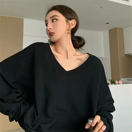 2023年春秋新款设计感宽松V领长袖T恤女装早秋季打底衫上衣潮ins图片