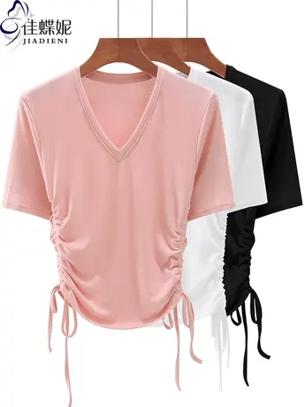夏新款韩版V领修身纯棉纯色抽绳纯欲短款短袖体恤上衣内搭女打底图片