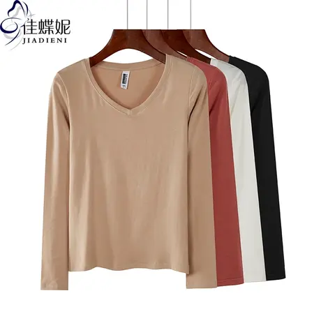秋冬新款韩版V领修身显瘦纯色简约纯棉纯色长袖体恤上衣女打底衫商品大图