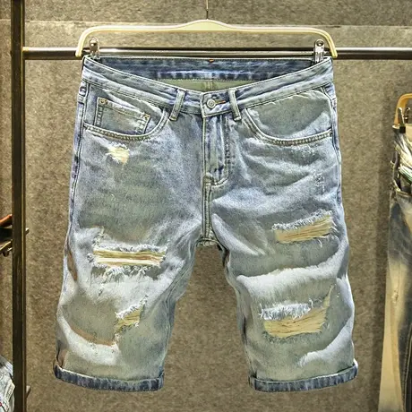 刮烂潮破牛仔短款男款宽松直筒五分裤潮牌破洞补丁休闲乞丐裤中裤商品大图