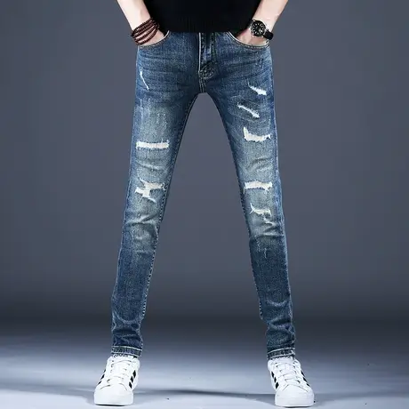 复古怀旧破洞牛仔裤男款修身小脚弹力百搭2023新款休闲男裤子高端商品大图