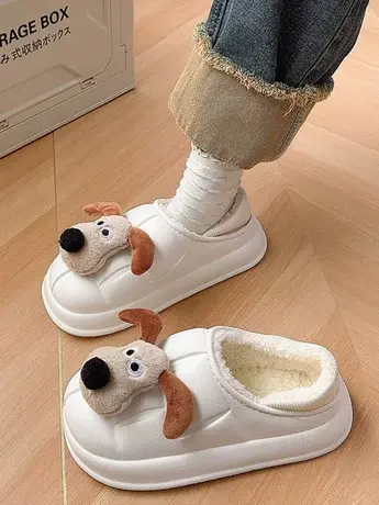 呆萌可爱修勾加绒拖鞋女冬季可外穿卡通掌门狗软底加绒棉拖鞋防滑图片