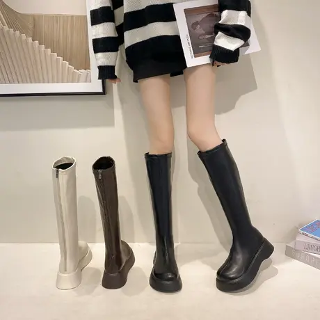 长靴女不过膝白色马丁靴2024春秋新款后拉链厚底高筒骑士靴女网红图片