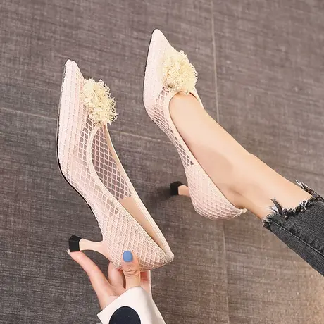 性感透气网纱高跟鞋女2024年新款职业百搭工作鞋气质尖头细跟单鞋商品大图