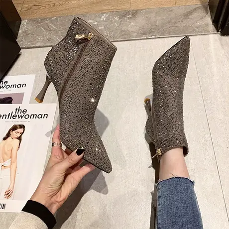 尖头弹力短筒靴女细跟2024年冬季新款法式水钻马丁靴显瘦百搭短靴图片