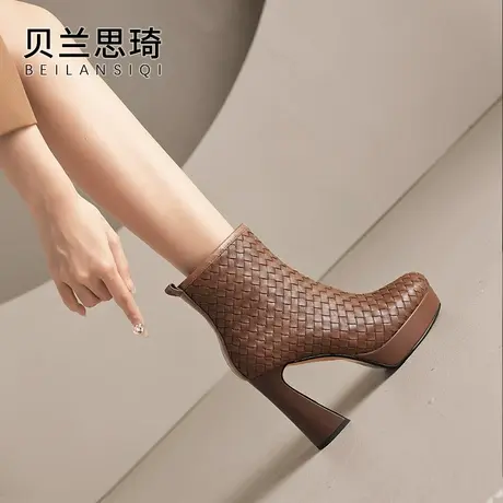 真皮编织圆头厚底粗跟短靴女2023秋冬季新款防水台高跟马丁靴子图片