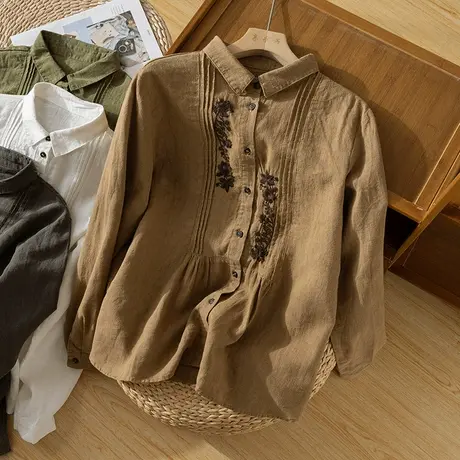 享永子【浪漫风琴】春秋厚麻 刺绣亚麻衬衫设计感精致麻上衣商品大图