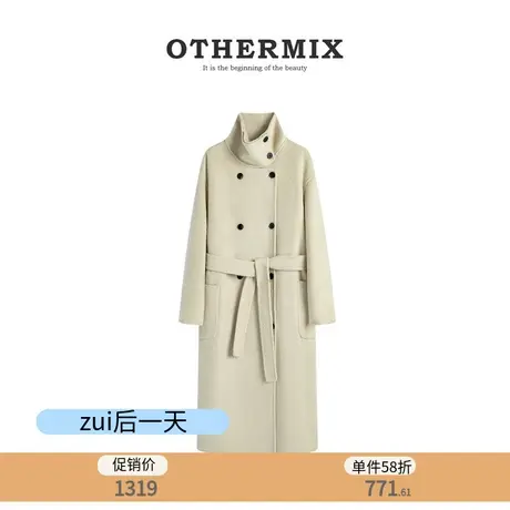othermix羊毛冬款双面毛呢大衣女2023双排扣羊绒中长款毛呢外套图片