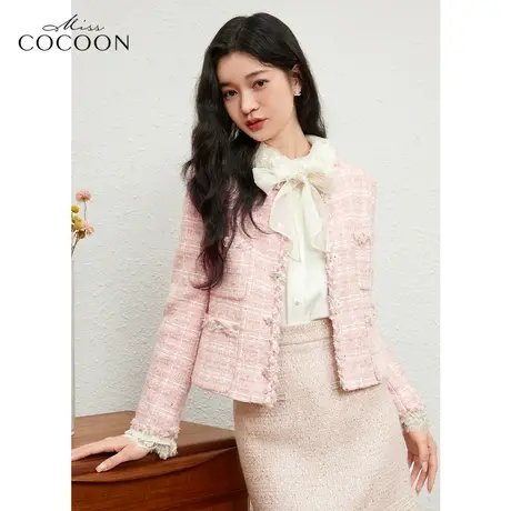 missCOCOON粉色小香风短外套女2023新款春季时尚休闲简约花呢上衣商品大图