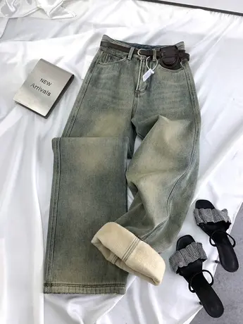 磨白复古加绒加厚牛仔阔腿裤女2023冬季新款显瘦百搭高腰宽松长裤商品大图