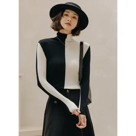 弥古黑白拼色毛衣女高领打底衫秋冬修身内搭针织衫个性设计感上衣图片