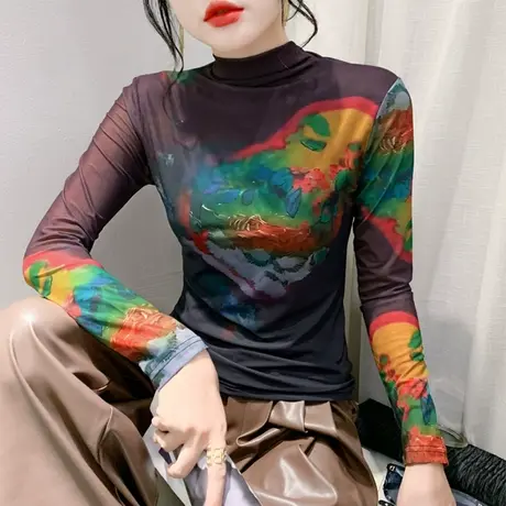 欧货时尚半高领打底衫长袖网纱印花洋气减龄内塔上衣女修身T恤秋商品大图