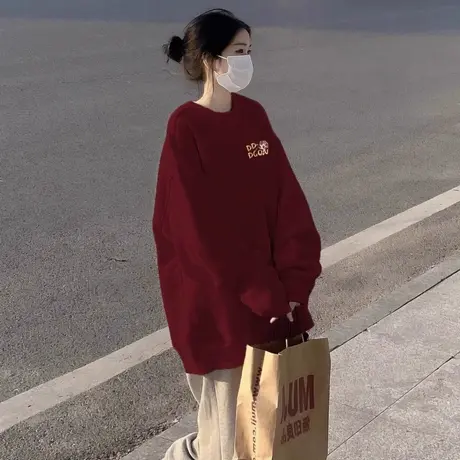 酒红色加绒圆领卫衣女加厚2024新款冬季女士衣服oversize洋气百搭商品大图