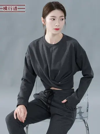 短款冬装纯色圆领套头漏脐装卫衣2023新款长袖上衣女装小个子韩版商品大图